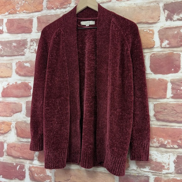 Ann Taylor Loft Cardigan Sweater Women's XS Burgundy Red Chenille Open Front - Picture 3 of 8